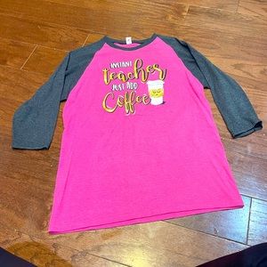 Elephant Pink Gray Instant Teacher Just Add Coffee 3/4 Sleeve T shirt Sz Medium